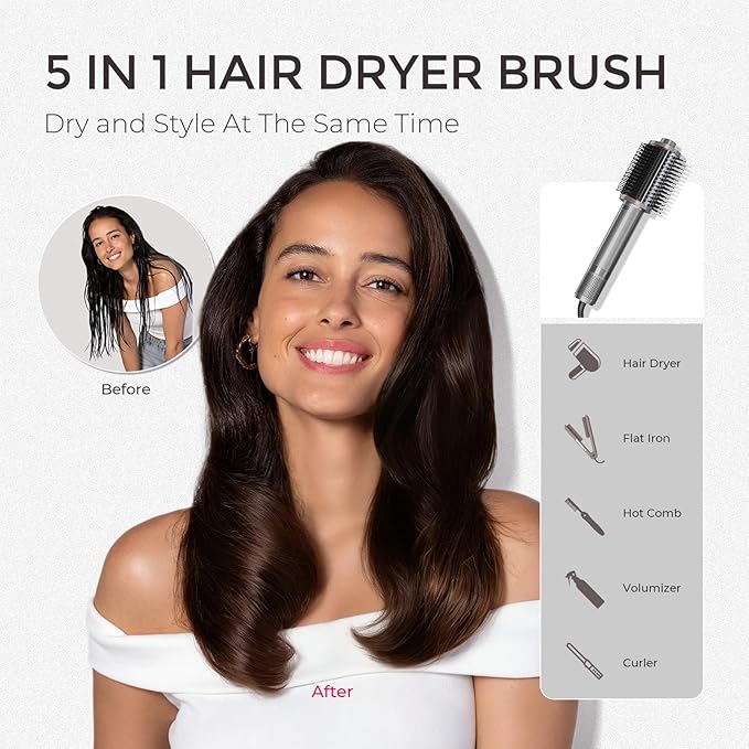 TYMO 4.0 Hair Blow Dryer Brush - Lightweight 3X Faster Drying 5-in-1 Ionic Blowout Hair Dryer Brush Adds Shine, Volume & Fullness for Smooth, Anti-Frizz Straight, Curl & Blowout Styles, Metal Grey