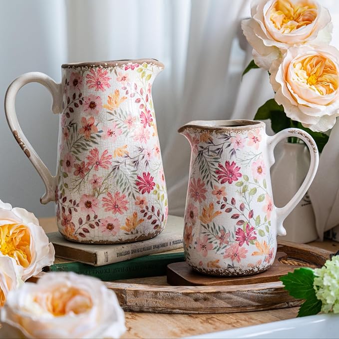 Retro Rustic Large Ceramic Vase with Handle, Distressed Farmhouse Pitcher for Home, Ideal Shelf Decor, Colorful Daisy Floral Vase for Living Room Bedroom Office Table Centerpiece Decorations 9 Inch