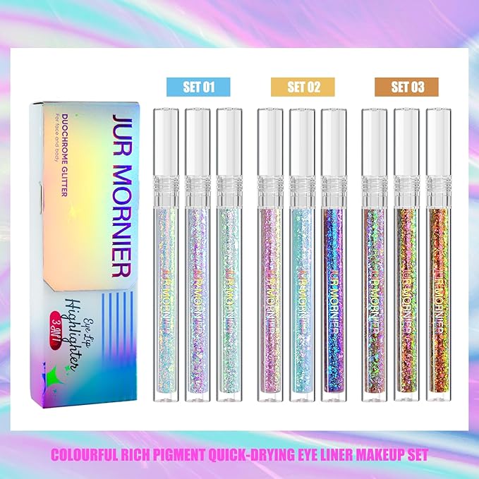 Multichrome Liquid Eyeshadow Set,3 Colors Multi-Dimensional Eye Liner Makeup,High Pigment Waterproof Metallic Eye Shadow,Ultre Fine Tip Glitter Eyeshadow (A07+A08+A09)
