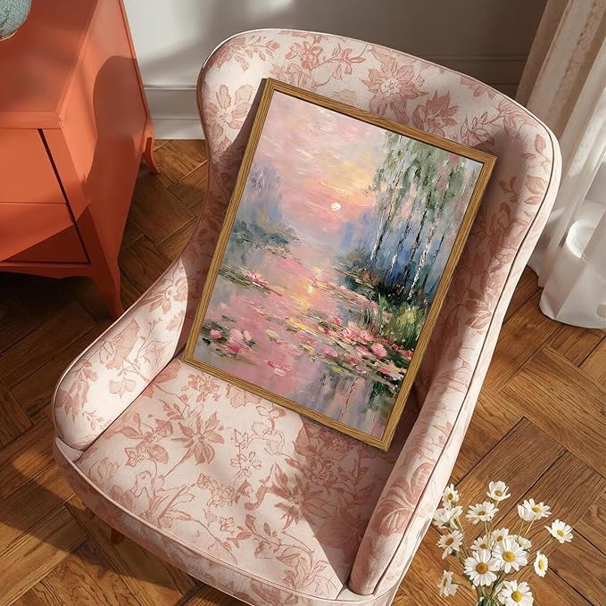 Framed Vintage Monet Canvas Wall Art, Pink Water Lilies Floral Pictures Wall Decor, Impressionist Sunset Landscape Paintings Prints Nature Aesthetic Artwork for Living Room Bedroom 16x24 inch