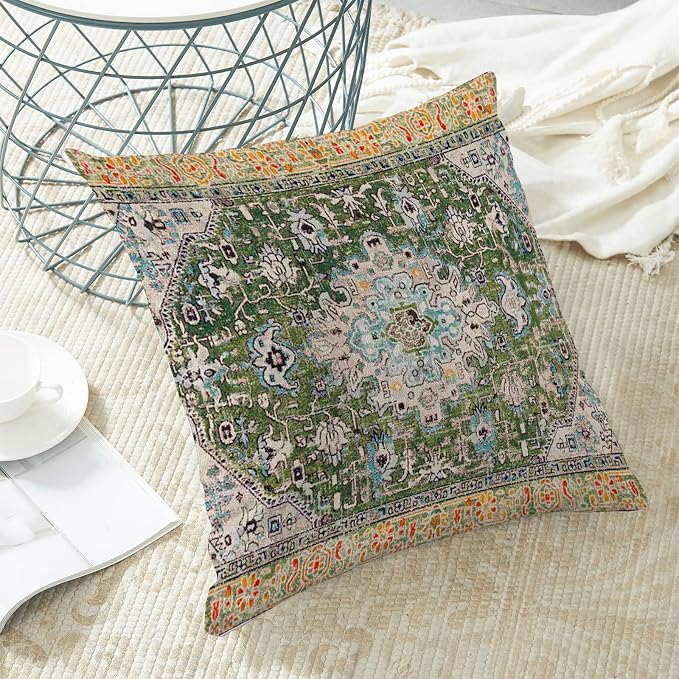 AEIOAE Boho Pillow Covers 16x16 Inch Set of 2,Carpet Pattern Throw Pillows Case,Sage Green Yellow Ethnic Design Outdoor Decorative Square Linen Farmhouse Decor Cushion Covers for Home Sofa Bed Couch