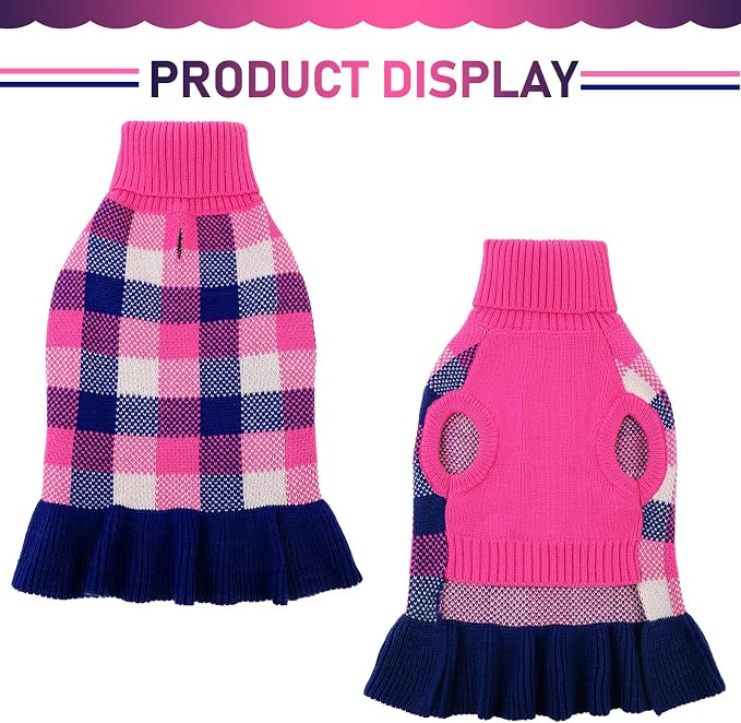 Dog Sweater Dress Plaid Knitwear for Small Medium Dogs Warm Puppy Pet Turtleneck Stretch Pullover Cute Fall Winter Vest Clothes with Leash Hole for Christmas (Navy, 2XS)