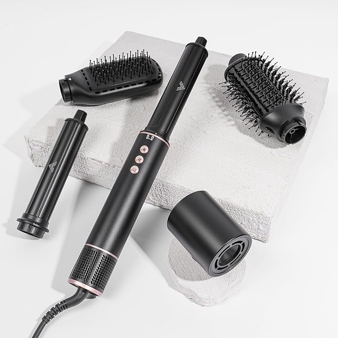 Hair Dryer Brush 5 in 1 Autowrap Hot Air Hair Styler with High-Speed Aluminum Alloy Blow Dryer Brush Volumizing, Straightening & Fast Drying with Negative Ion, No Heat Damage (Black)