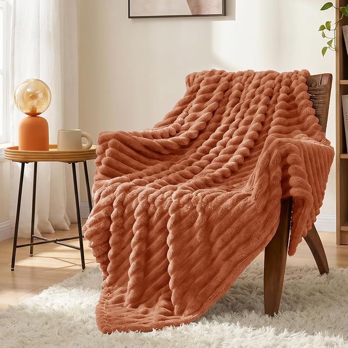 Burnt Orange Twin Blanket for Bed & Couch, 60 x 80 Inch | 300GSM Ribbed Fleece Blanket, Soft, Cozy & Lightweight, OEKO-TEX Certified, All-Season Use for Travel, Dorm & Home Decor