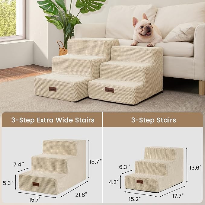 Aodisman Dog Stairs for Small Dogs,Wider 3-Step Pet Steps for Couch & Bed | High-Density Foam Dog Steps with Anti-Slip Bottom,Easy for Puppies,Older Cats & Dogs to Reach Sofas & Chairs,Beige,15.7" H