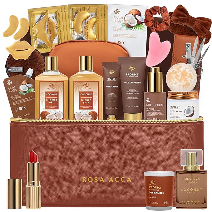 25 Pcs Mother's Day Gift, Bath & Body Gift Set for Women, Skin Care Set, Coconut Vanilla Spa Gift Basket, Self Care Set, Cosmetic Bag, Christmas, Birthday, Anniversary, Valentines, Mom, Wife