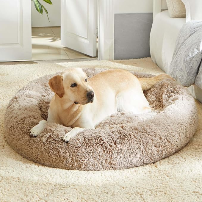 Western Home Calming Donut Large Dog Bed Pet Bed,36" Brown | Fluffy Faux Fur Round Cuddler,Anti-Anxiety,Anti-Slip Bottom,Plush Round Pet Dog Beds for Large Sized Dogs,Up to 80 LBS