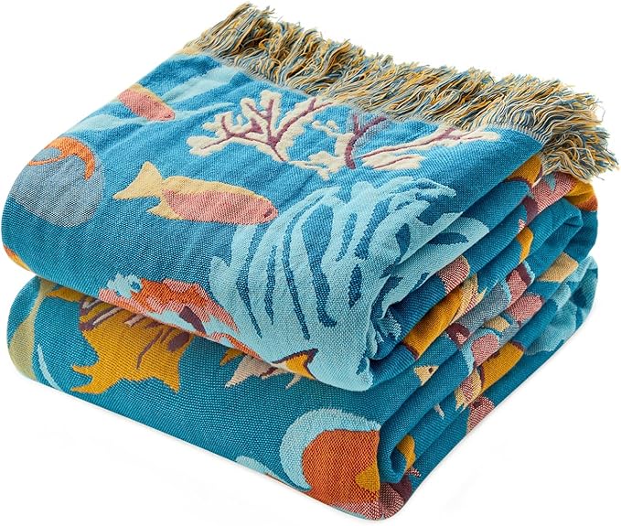 MSGKV Throw Blanket 60"x80" 100% Cotton Ocean Animals Throw for Couch Bed | 100% Cotton Throw, Cute Ocean Animals, Reversible Woven, Summer Breathable, Lightweight Comfort, Farmhouse Decor