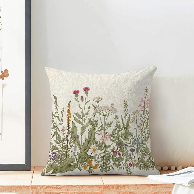 AEIOAE Sage Green Pillow Covers 24x24 Inch Set of 2, Spring Wildflower Plant Throw Pillows Case,Seasonal Floral Outdoor Decorative Flowers Farmhouse Decor Cushion Covers for Home Sofa Bed Couch