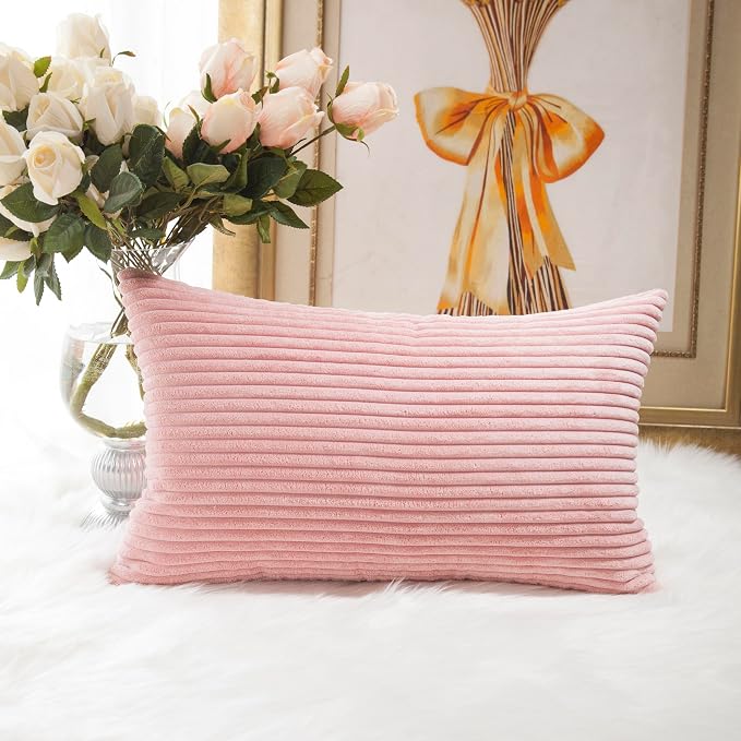Home Brilliant Striped Corduroy Rectangle Throw Pillow Cover Oblong Throw Pillowcase Cushion Cover for Lumbar Pillow Covers 12x20 Decor, 12 x 20 inches, 30cm x 50cm, Baby Pink