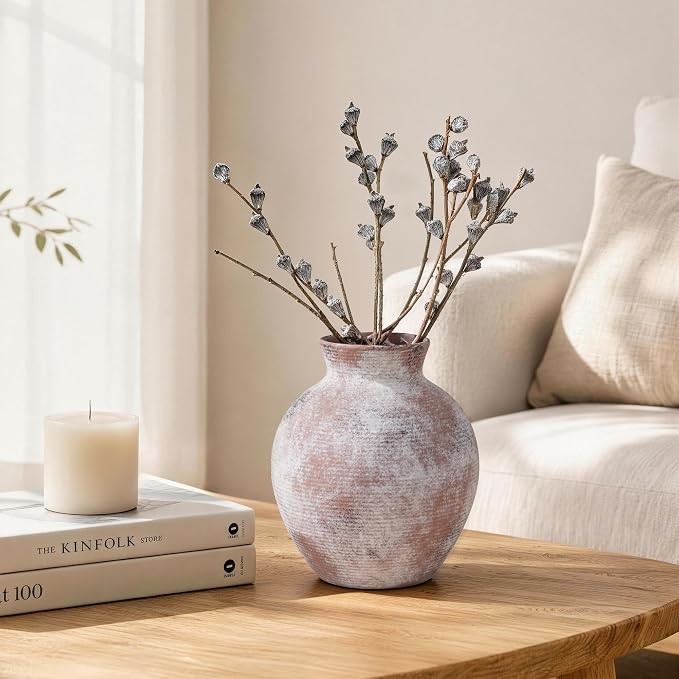 Ceramic Flower Vase Home Decor, 7.4 in Farmhouse Table Vase Retro Vintage Living Room Kitchen Bedroom Decoration Pottery Decorative Vases for Flowers Shelf Office Coffee Desk Dining Entryway, Classic