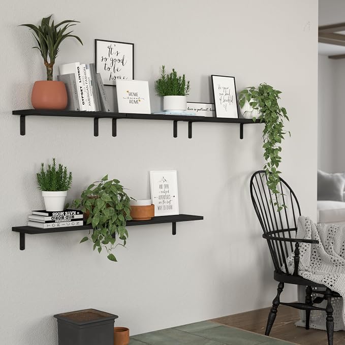 DOLLFIO Floating Shelves, 5 Sets Wall Shelves, Wood Floating Shelves for Bedroom Wall Décor, Wall Mounted Floating Bathroom Shelf for Storage, Floating Book Shelf, Living Room – Black