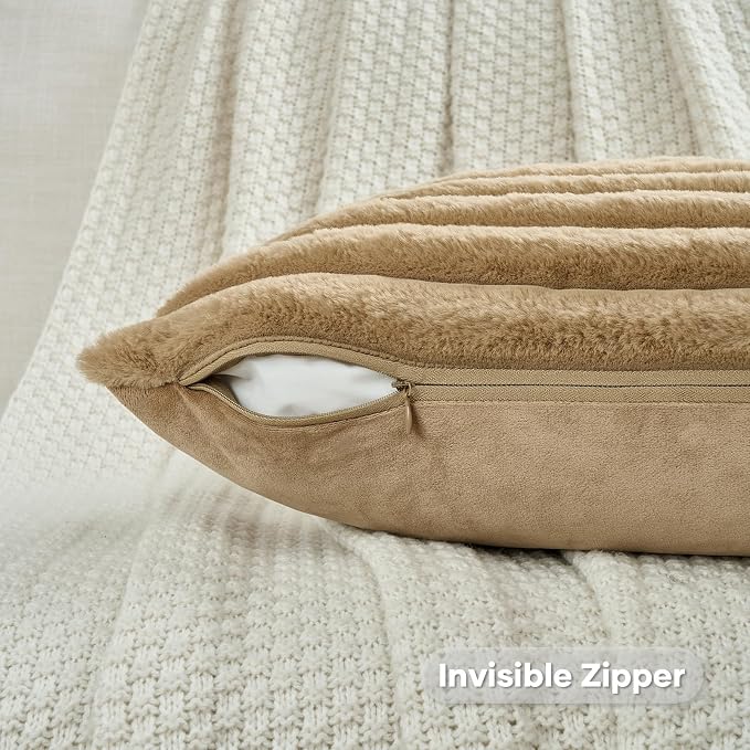 FUTEI Pack of 2 Faux Fur Throw Pillow Covers 24x24 Inch, Camel | Fluffy Faux Rabbit Fur Front/Premium Velvet Back,Hidden Zipper,Machine Washable,Non-Shedding,Colorfast,Insert Not Included.