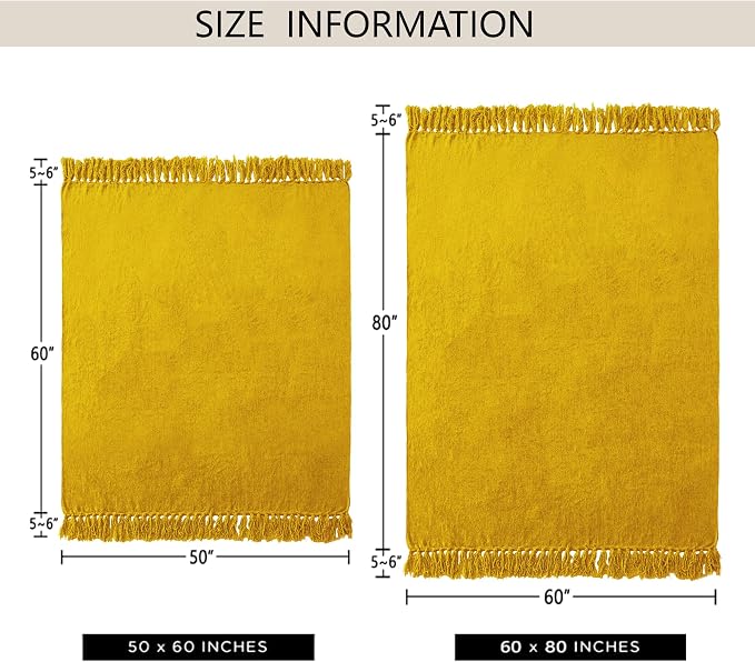 Chenille Throw Blanket for Couch 50" x 60", Yellow | Soft Cozy Warm Throws with Fringe Tassel, for Living Room Bed Sofa Chair Cover, Lightweight Knitted Decorative Boho Blankets