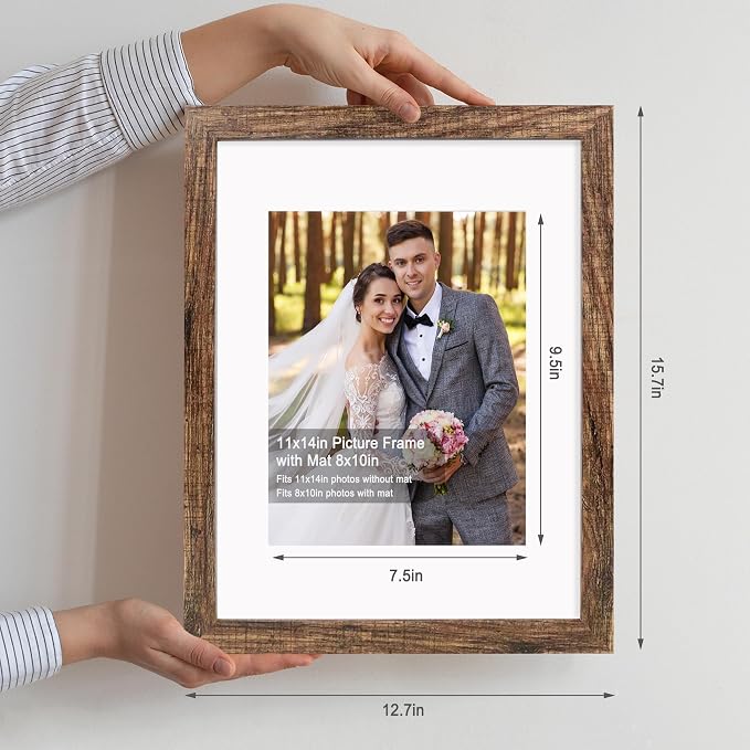 Hongkee 11x14 Picture Frame Set of 4, Made of Glass and Rustic Brown Wooden Frame, Display 8x10 Pictures with Mat or 11 x 14 Posters without Mat for Wall Mounting, Gallery Photo Frames