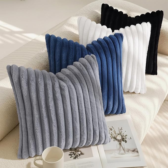 decorUhome Fall Faux Fur Throw Pillow Covers 20x20 Set of 2 Navy Blue | Decorative Soft Cozy Striped Plush Modern Farmhouse Boho Couch Pillow Cases Velvet Back for Sofa Bed Living Room Home Decor