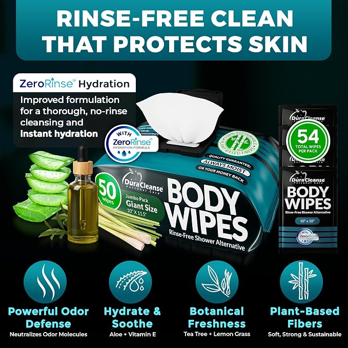 Body Wipes for Men (4 Pack, 200 XL) No Rinse Shower Wipes + 16 Travel Bath Sheets 10 x 11.5" - Extra Thick Mens Deodorant Disposable Washcloths for Bathing, Camping Essentials, Aloe & Vitamin E