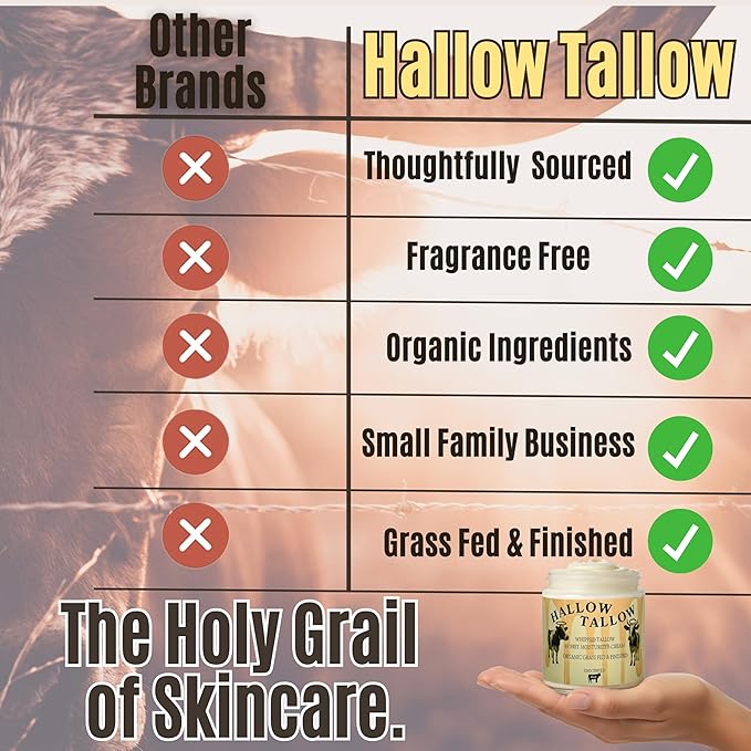 Hallow Tallow Whipped Beef Tallow Moisturizer – 100% Grass-Fed & Finished Tallow Balm with Manuka Honey, Jojoba & Olive Oil, Calendula Extract – Natural Hydrating Face & Body Cream, 4oz