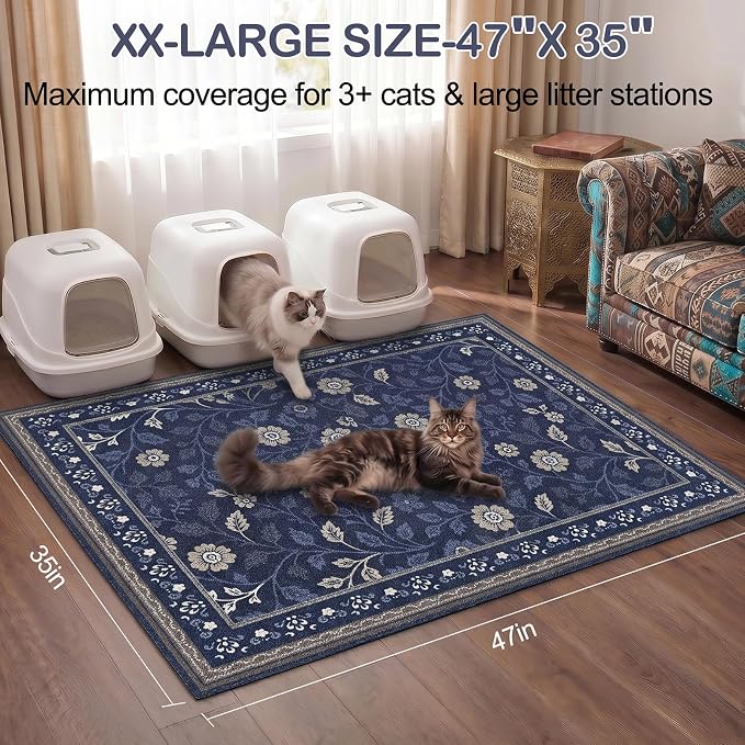 Glittme Cat Litter Mat, 47"x35" Non-Slip Washable Trapping Mat for Cats | Litter Trapping Mat With Thick PVC Coil To Catch Scatter, Soft On Paws And Waterproof Bottom To Protect Floors