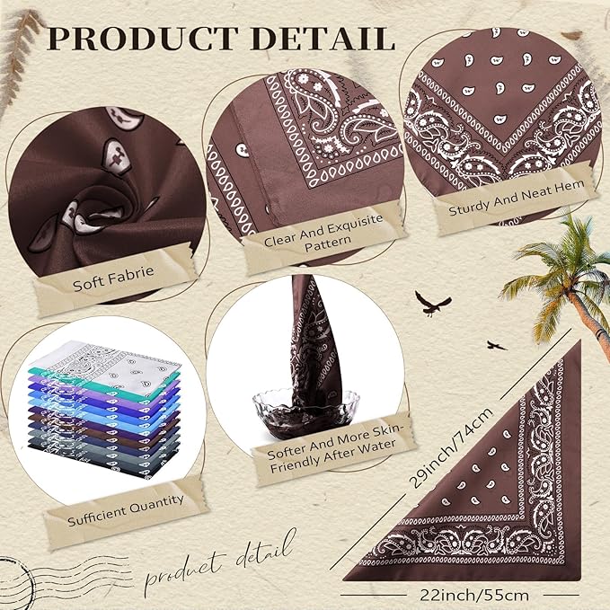 Suhine 12 Pcs Bandanas Bulk 22 x 22 Inch Paisley Headband Cowboy Handkerchief Christmas Thanksgiving Gift for Women Men