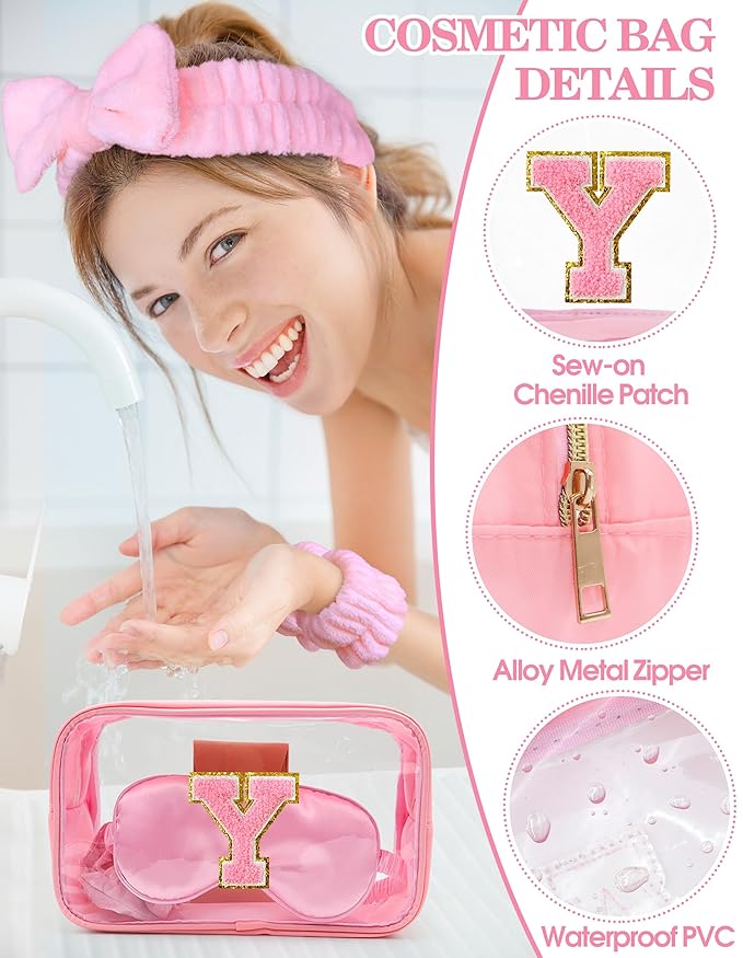 Gift Sets for Women, Initial Makeup Bag with Makeup Brush Set Bachelorette Party Favors, Pink Spa Kit with Skincare Headbands Wrist Bands Sleepover Party Supplies Gifts for Teen Girls Bridesmaid Y