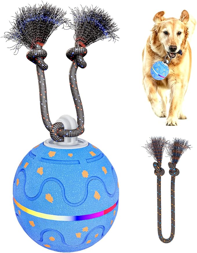 Interactive Dog Ball Toy with 2 Rope, Automatic Rolling & Bouncing Smart Dog Toy with Bird Chirping Sound and LED Light, Soft ETPU Chew-Safe Material, USB Rechargeable, for Medium & Large Dogs