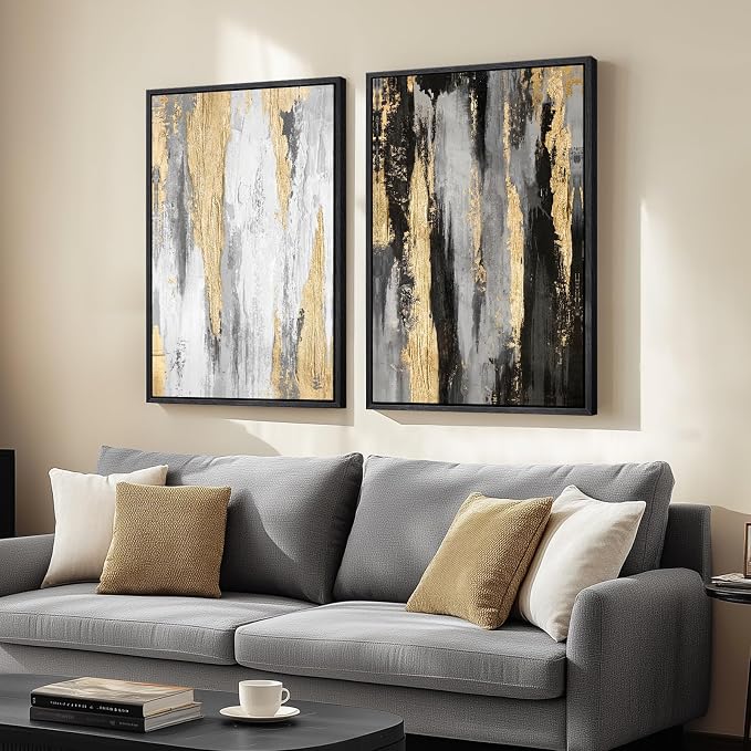 Large Framed Elegant Black White Gold Wall Art for Living Room, 24x36 In | 2 Piece, Large size paintings, Canvas prints, Black gold pictures, Modern minimalist artwork for walls, Bedroom Wall Decor
