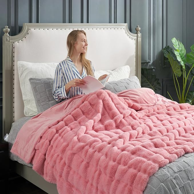 Cozy Bliss Deluxe Sheared Rabbit Faux Fur Throw Blanket, Soft Fuzzy High-Low Sculpted Plush Blanket for Couch, Cozy Home Accent, All Season Use, Pink 60"x80"