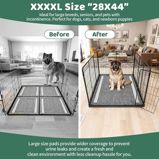 Gimars XXL 28"x44" 6-Layer Ultra Absorbent Pee Pads for Dogs, Leak-Proof Odor-Control Puppy Training Pads, Quick Dry Black Pet Pads 30 Counts Charcoal