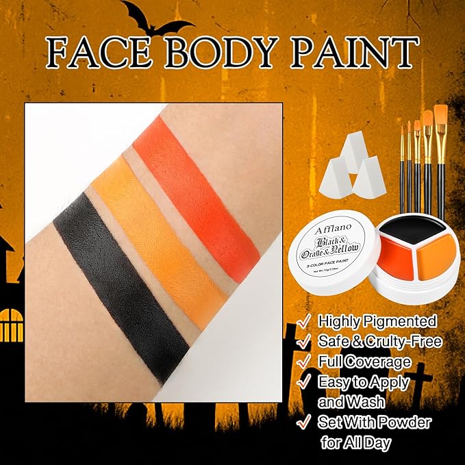Black Yellow Orange Face Body Paint Kit, Pumpkin Halloween Makeup Cream Bodypaint with Brushes & Sponge Applicators for Kids, Facepaint Set for Scarecrow Clown Tiger Lion Fox Costume Cosplay SFX Looks