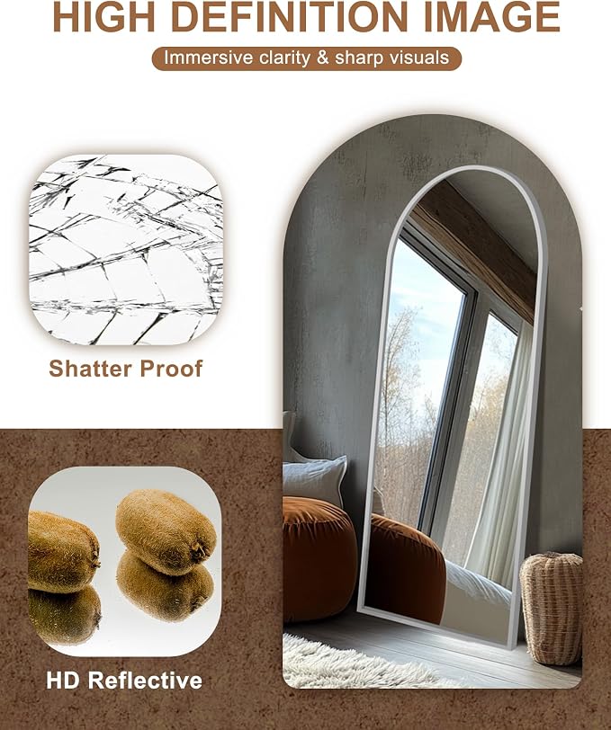 Arched Full Length Mirror with Stand, 69x24 Silver Floor Mirror | Aluminium alloy frame with HD float glass for distortion-free reflection. Free standing or wall mounted.