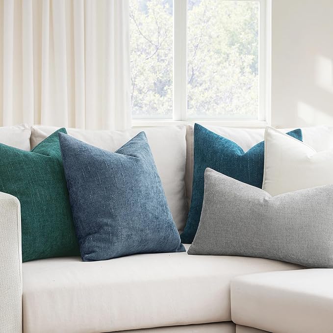 MIULEE Textured Chenille Throw Pillow Covers 18x18 Inch Dark Grey Blue | Pack of 2 Decorative Soft Throw Pillows, Solid Textured Cushion Covers, Modern Home Decor for Couch Sofa Bedroom Living Room