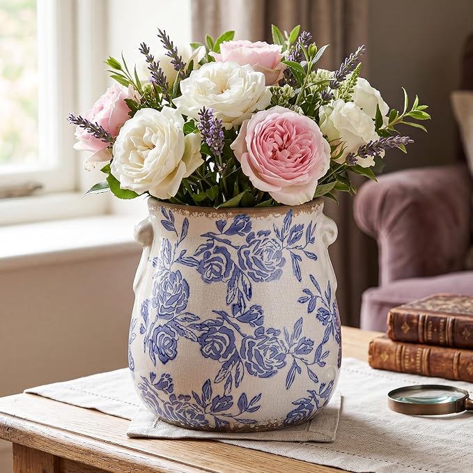 Ceramic Scroll Planter 6.5 Inch Chinoiserie Floral Vase with Drainage Holes Vintage Flower Vase Flower Pot Rustic Ceramic Pots for Indoor Plants Garden Home Bookshelf Decor (Blue)