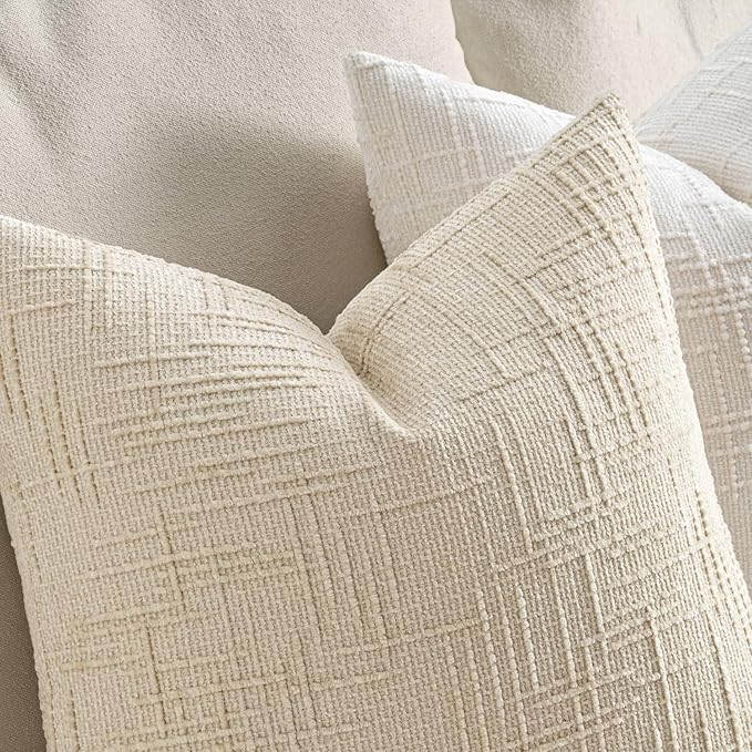 MIULEE Chenille Textured Euro Throw Pillow Covers Beige 22x22 Set of 2 | Slubby Decorative Pillows, Boho Farmhouse Home Decor, Modern Neutral Cushion Covers for Couch Sofa Bed Living Room