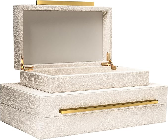 Sagala Set of 2 Beige Shagreen Decorative Boxes With Gold Metal Handles, Faux Leather Jewelry Boxes Modern Storage Boxes Photo Boxes Memory Boxes Home Organizer (Beige-Gold Handle)