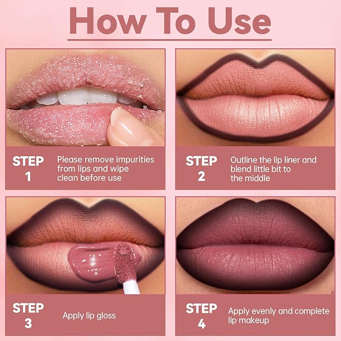 Lip Liner Gloss Lip Combo Set, 2 in 1 Lip Duo Dark Brown Lip Liner Lipstick Matte Velvet Natural Nude Pink Tinted Gloss Lip Kit, Smooth Quick Fuller Lip Makeup for Women07#Matte Mulberry