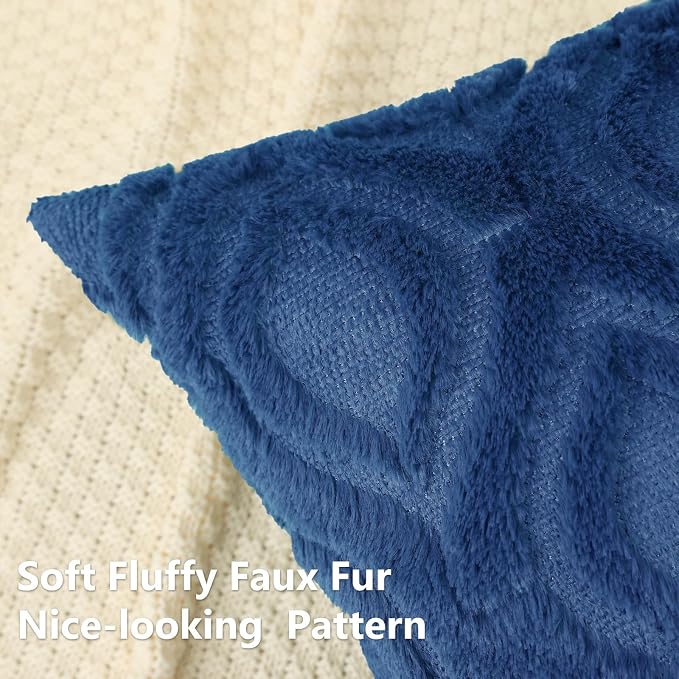 decorUhome Faux Fur Plush Soft Dark Blue Throw Pillow Covers 24x24 Set of 2 | Wool Solid Fall Couch Pillow Covers, Accent Modern Farmhouse Neutral Decorative Square Pillow Cases for Sofa Bed Living Room