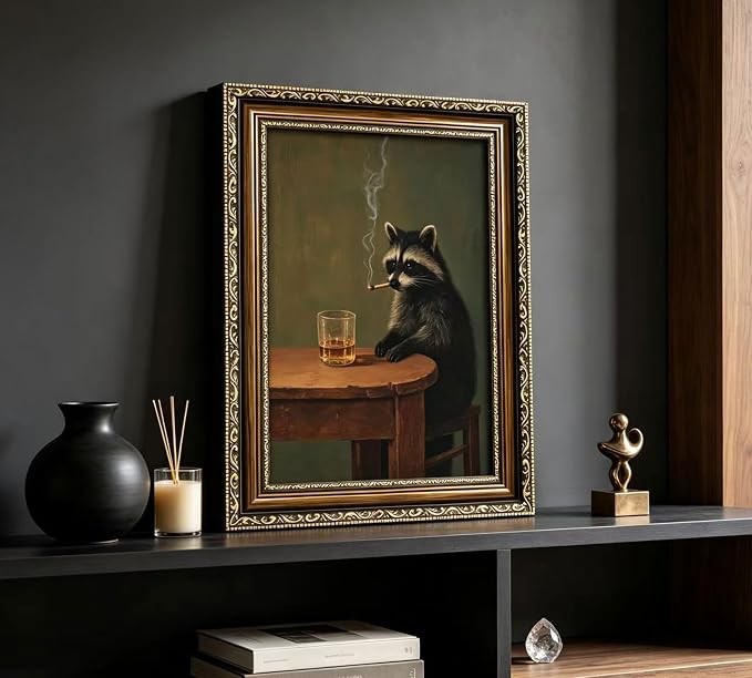 Vintage Gold Framed Smoking Raccoon Wall Art, Moody Dark Funny Animal Whiskey Cigar Canvas Print, Humor Funny Raccoon Wall Decor, Retro Bar Cart Poster Artwork, for Study Office Bar Decor, 9x11in