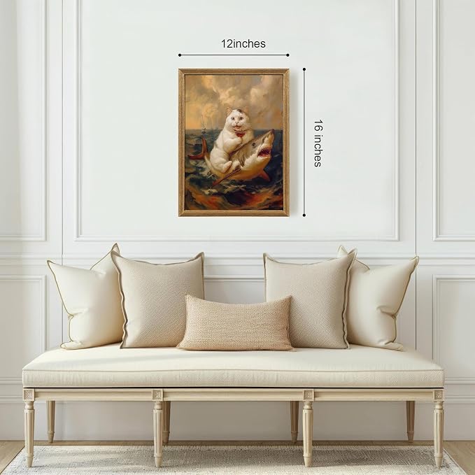 ICHZUMW Framed Funny White Cat Riding Shark Ocean Canvas Wall Art 12x16 In | Quirky Cat Drinking Wine Riding Shark Oil Painting, Humorous Bathroom Wall Decor, Bedroom Restroom Powder Room, Ready to Hang