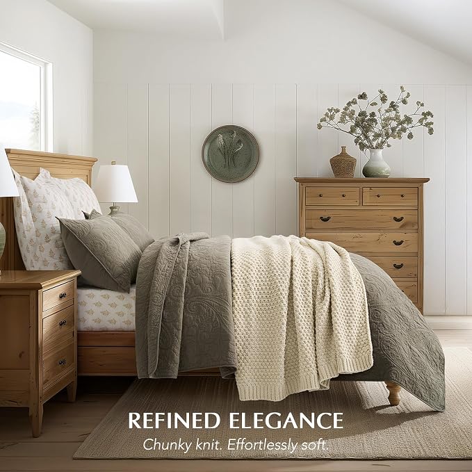 EVERGRACEHOME Chunky Chenille Knit Throw Blanket, 50 x 60, Beige | Sculpted Moss Stitch, Chic Modern Farmhouse, All-Season Warmth, OEKO-TEX® Certified, Elegant Blanket for Couch, Bed, Sofa