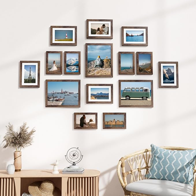 Vittanly 15 Pack Picture Frames Collage Wall Decor, Wall/Tabletop Display | Brown, Multi-Size Gallery Wall Frame Set: 3pcs 8x10, 6pcs 5x7, 6pcs 4x6. Picture Frame Set for Family