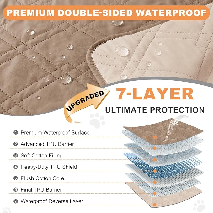 100% Waterproof Dog Bed Cover Pet Blanket, Taupe+Apricote (35"x71") | ,7-Layer Reversible Couch Covers for Dogs Met for Sofa Furniture Car Camping
