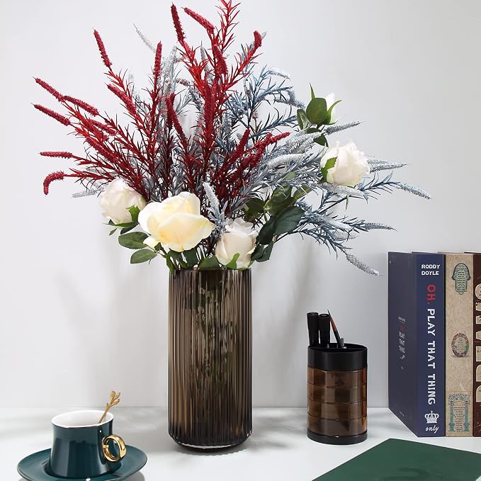 Large Cylinder Ribbed Brown Glass Flower Vase for Farmhouse Dining Table Centerpieces Decor