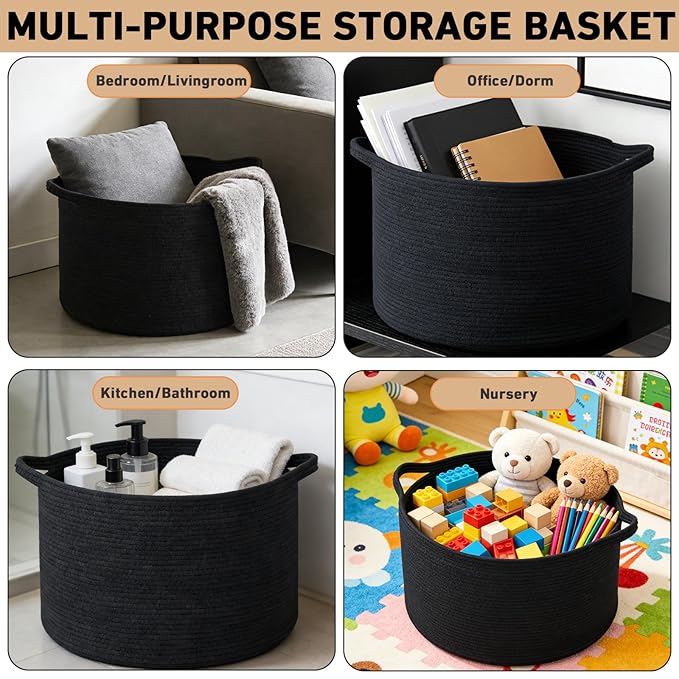 65L Large Blanket Basket,Woven Rope Laundry Basket-Black | Collapsible, reinforced handles, nursery storage bin organizes clothes, toys and pillows for living room, bedroom bathroom.
