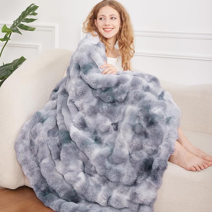 Comelady Soft Fluffy Faux Fur Throw Blanket 50"x60", Bubble Plush Texture | Tie-dye Grey Blue Thick Fuzzy Throw, No-Shedding, Aesthetic & Cozy for Couch Bed Room Decor, Warm Gift for Women Men