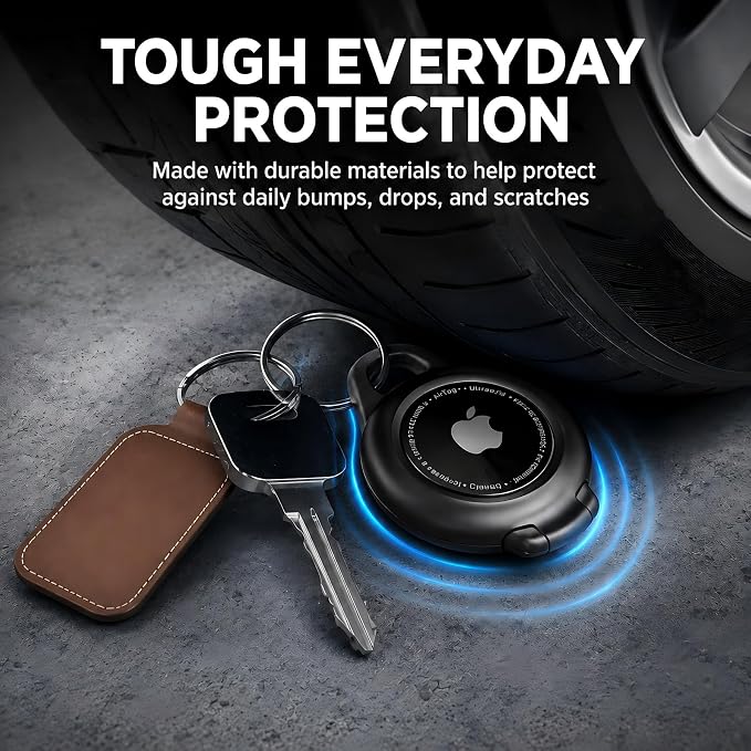 Waterproof AirTag Holder, 4 Pack AirTag Keychain Holder with Keyring, Black | Compatible with Apple AirTags 1st & 2nd, Ultra-Durable Anti-Scratch Protective Case for Luggage, Backpack, Pet, Bag