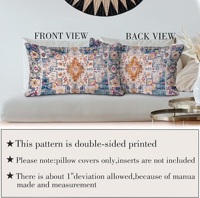 Boho Throw Pillow Covers 12x20 inch Set of 2,Boho Vintage Carpet Pattern Antique Ethnic Decor Double Sided Pattern Cushion Cover Soft Pillow Case Living Sofa Room Bed Square Pillow Cover