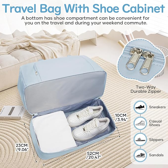 Travel Duffle Bag,Weekender Bags for Women with Shoe Compartment Personal Item Travel Bag Carry on Overnight Bags For Airplanes Gym Duffel Bag with Wet Pocket Hospital Bag for Labor and Delivery Blue