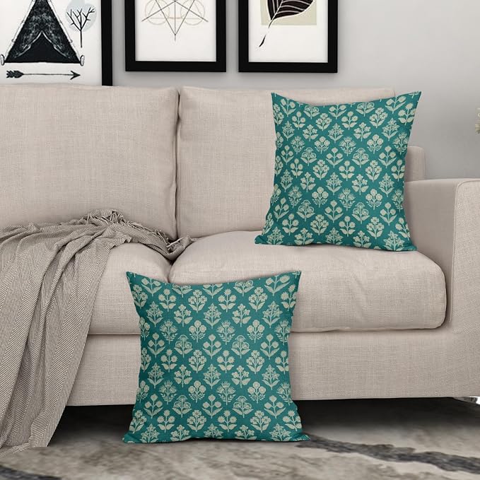 Teal Floral Block Print Pillow Covers 16x16 Inch Set of 2, Vintage Flower Pattern Decorative Throw Pillowcases Outdoor Farmhouse Cushion Covers Spring Summer Rustic Sofa Couch Bed Decor