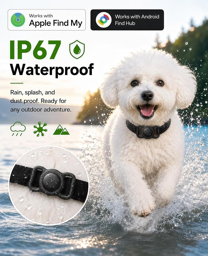 GPS Tracker for Dogs and Cats, iOS & Android, Real-Time Tracking (Matte Black) | Pet Tracker for Apple Find My or Google Find Hub; no monthly fee, 7-day history, IP67 water resistance and spare battery.